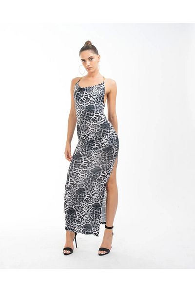 Bak Moda Off-the-shoulder Collar Chain Strap Maxi Length Leopard Patterned Dress
