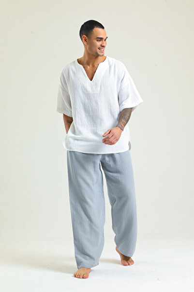 GAIA House Alexios Müslin Erkek V yaka Tshirt Gömlek Oversize