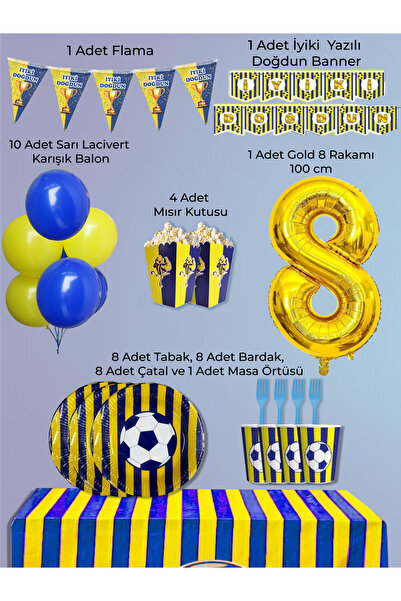 PartyPoo Yellow Navy Blue Fan Set of 8 Birthday Party Supplies |   8 Year Old...
