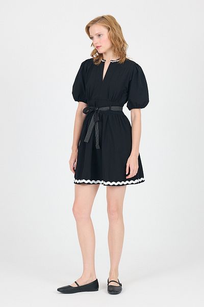 Rays Black Terikoton Balloon Sleeve Waist Tie Mini Dress 2617