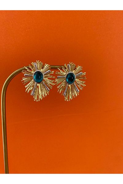 marsel aksesuar Special Series Fringed Green Stone Gold Brass Earrings