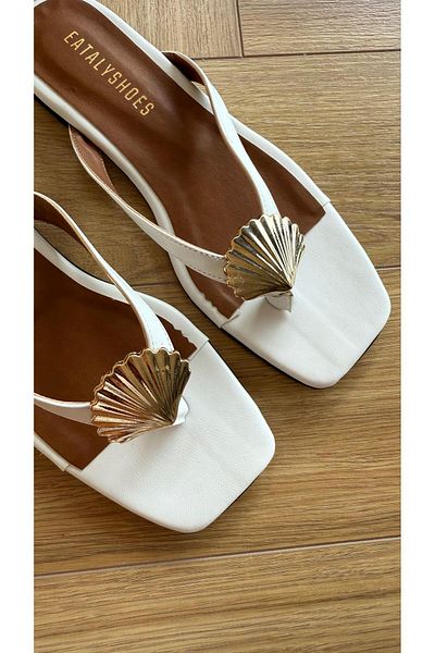 Eataly Shoes White Skin Mussel Shell Flip Flops Flat Slippers