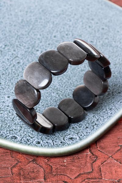 Saff Doğal Taş Obsidian Wide Cut Bracelet