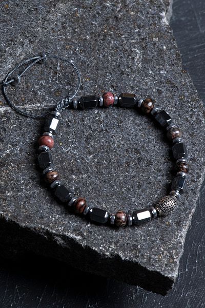 OSMANLI DOĞAL TAŞ Certified Rhodonite, Hematite Silver Apparatus Natural Stone Macrame Bracelet