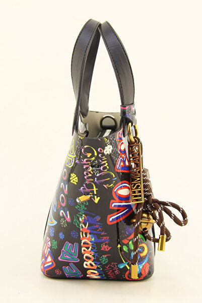 HNB Women's Black Monogram Printed Mini Bucket Bag