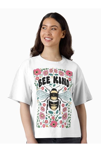 aynewmoda T-Shirt with Bee Print, Short Sleeves, Round Neck