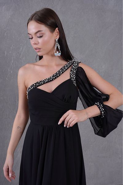 Neşeli Butik Women's Stone Embroidered One Shoulder Slit Chiffon Evening Dress Nbs9368
