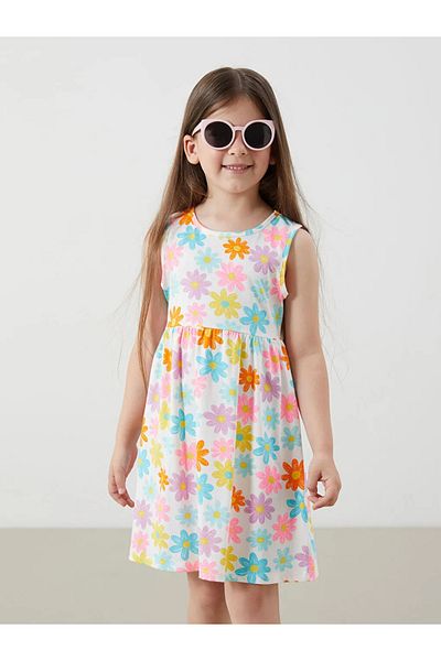 LC Waikiki Lcw Kids Ecru Crew Neck Printed Girls' Combed Cotton Dress