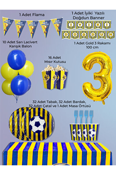 PartyPoo Yellow Navy Blue Fan Birthday Party Supplies Set for 32 People |   3...