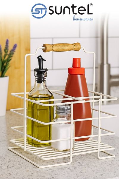 Suntel Modern Organizer with Wooden Handle - Spice & Sauce Bowl Organizer Basket (Kitchen Counter Top)
