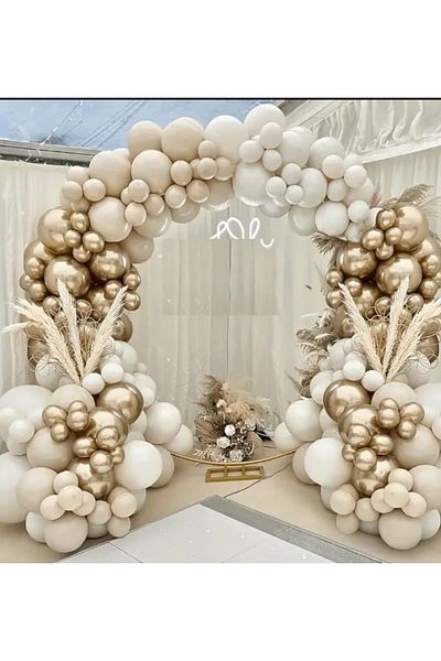 Çemrek Süs Parti Promise Engagement Birthday Balloon Set Retro White Sea Sand Gold Chrome Balloon Chain Set of 100