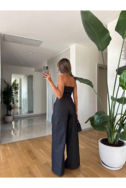 My Blog Sötétkék pánt nélküli farmer Bustier nadrág szett - 5148