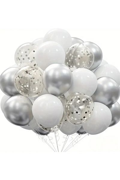 Çemrek Süs Parti Silver Chrome White Transparent Sequin Balloon Harness Set of 25