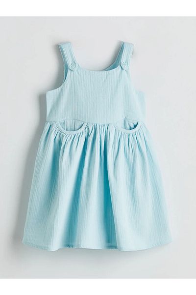 LC Waikiki Lcw Kids Turquoise Square Collar Girl's Muslin Dress