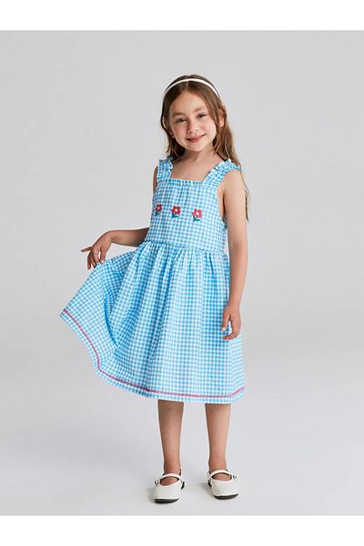 LC Waikiki Lcw Kids Blue Square Collar Floral Girls Linen Dress