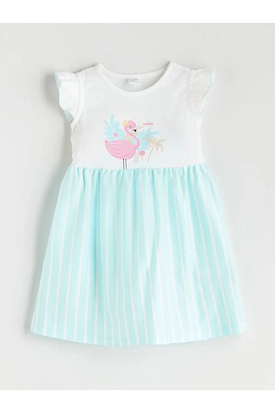 LC Waikiki Lcw Kids Ecru Crew Neck Printed Girls' Dress