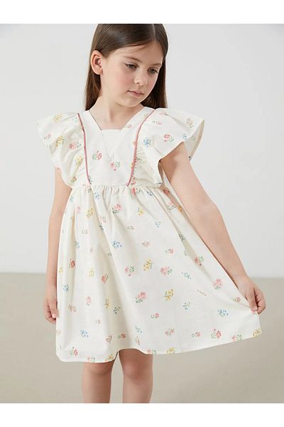 LC Waikiki Lcw Kids Beige Square Collar Linen Look Girl's Dress