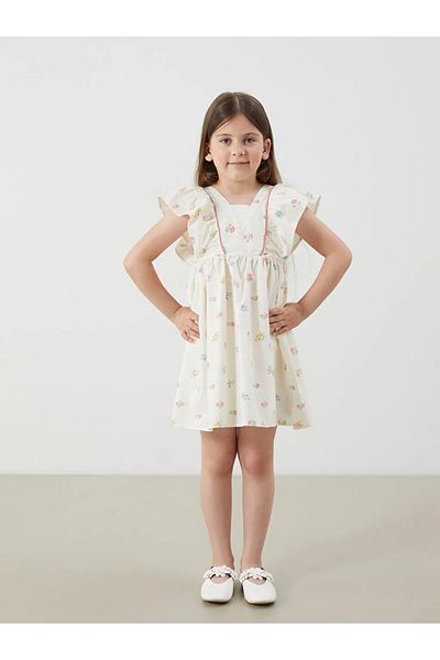 LC Waikiki Lcw Kids Beige Square Collar Linen Look Girl's Dress