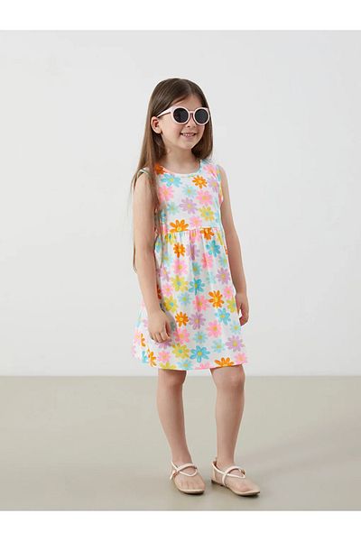 LC Waikiki Lcw Kids Ecru Crew Neck Printed Girls' Combed Cotton Dress