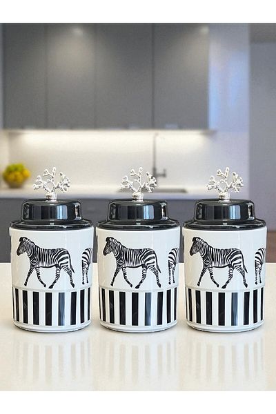 ferayhome Spice Jar Cylinder Ceramic Lid Large Size Set of 3 Coffee Corner Set Zebra Horse 750 ml Volume Silver
