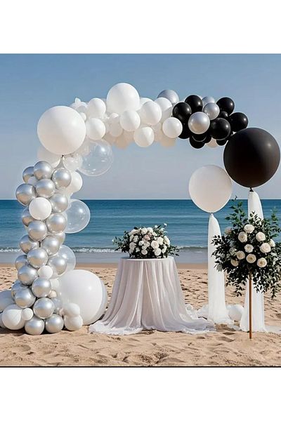 Çemrek Süs Parti Black White Silver Chrome Balloon Chain Set Including 103 Jumbo Balloons