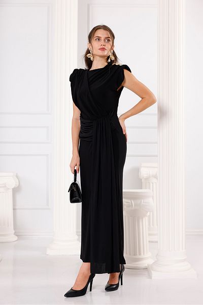 Moda Palmiss Women's Black Gather Detailed Shoulder Accessory Sandy Evening Dress