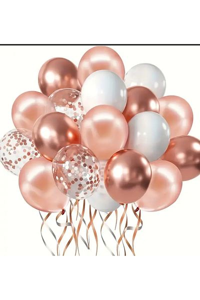 Çemrek Süs Parti Rose Chrome Rose Metallic White Transparent Sequin Balloon Harness Set of 25