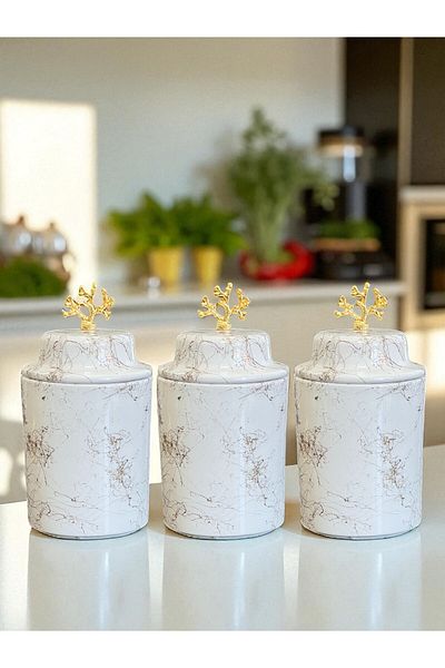 ferayhome Spice Jar Cylinder Ceramic Lid Large Size Set of 3 Coffee Corner White Gold Marble 750 ml Gold