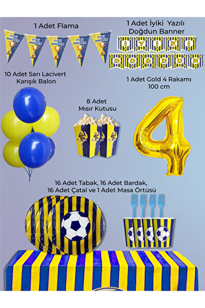 PartyPoo Yellow Navy Blue Fan Birthday Party Supplies Set for 16 People |   4...