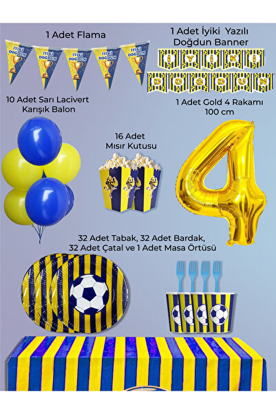 PartyPoo Yellow Navy Blue Fan Birthday Party Supplies Set for 32 People |   4...