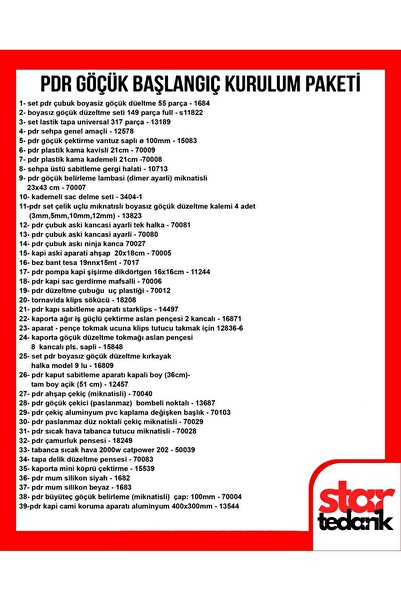 STAR PDR Boyasız Göçük Düzeltme Kaporta Çektirme Servis Kurulum Seti | 39 Çeşit 553 Parça