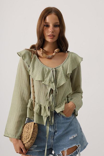 Le Savu Shilsee Women's Long Sleeve Tie-Up Transparent Bluz with Ruffles on the Front Khaki