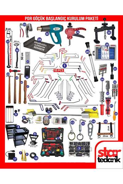 STAR PDR Boyasız Göçük Düzeltme Kaporta Çektirme Servis Kurulum Seti | 39 Çeşit 553 Parça