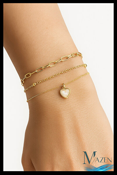 MAZEN Triple Combination Bracelet |   Heart Tip |   Chain Detailed |   Women'...