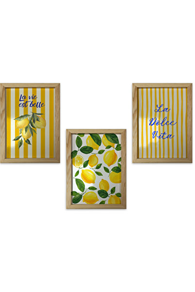 AND Ahşap Çerçeveli Limonlar Temalı Tablo Üçlü MDF Poster Tablo Duvar Dekoru (21x30 cm)