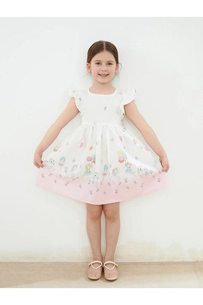 LC Waikiki Lcw Kids Ecru Crew Neck Poplin Girl's Dress