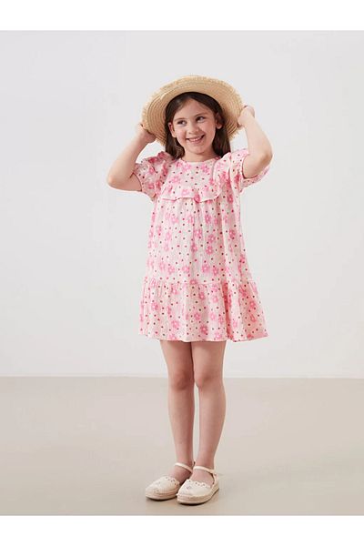 LC Waikiki Lcw Kids Pink Floral Crinkle Ruffled Girl's Dress