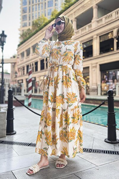 Sevitli فستان الأميرة بحزام منقوش من ميموزا - أصفر