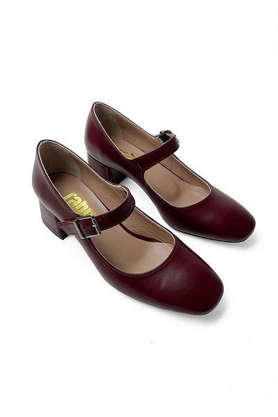 RABU Burgundy Women's Genuine Leather 5cm Heeled Mary Jane Heeled Shoes