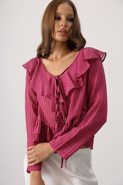Le Savu Shilsee Women's Ruffle Front Long Sleeve Tie up Transparent Bluz Cherry Rotten