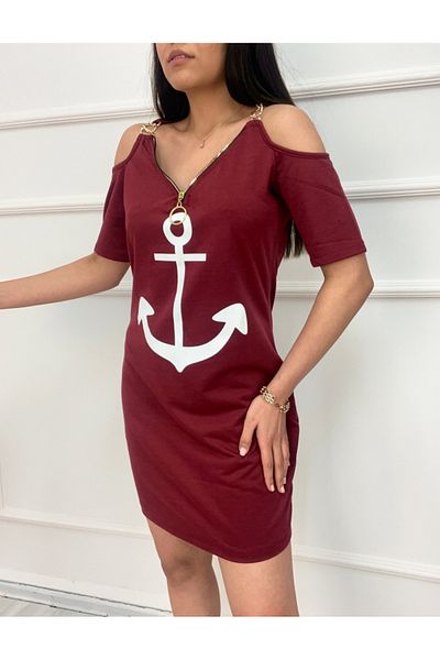 modaserdem Zipper detail Printed chain strap two thread dress - burgundy