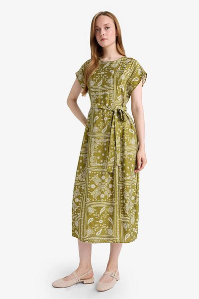 DeFacto A-Line Round Neck Print Short Sleeve Midi Dress F4770Ax25Au