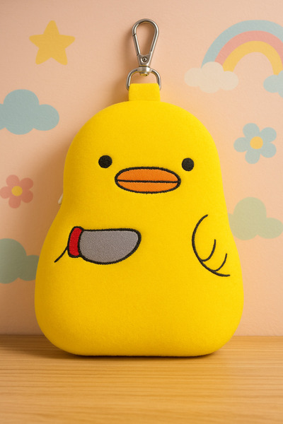 esdekor Plush Surface Yellow Chick Figured Zippered Mini Case & Hanging Keychain Bag Accessory