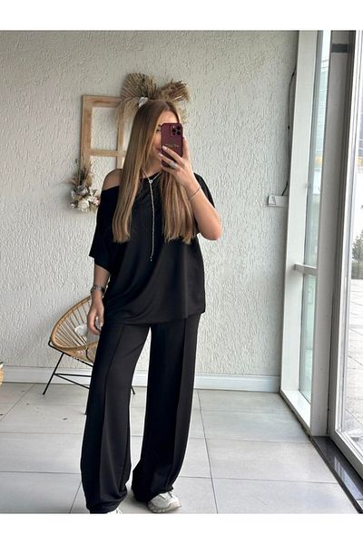JANES بلوزة وبنطلون نسائي بكتف واحد مفتوح واسع من الفيسكوز بخيطين طقم مزدوج