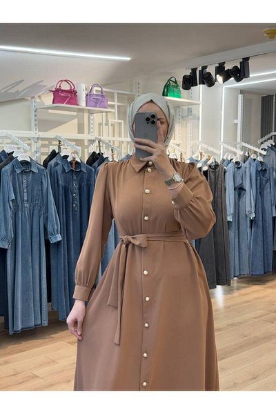 OlaLady Back a Pile Button Belted Hijab Dress