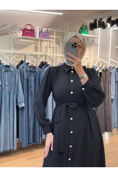 OlaLady Back a Pile Button Belted Hijab Dress