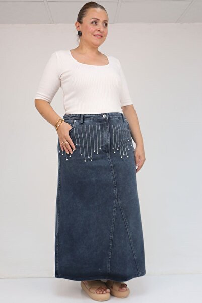 Eslina 45010 Plus Size Piece Model Denim Skirt - Dark Navy Blue