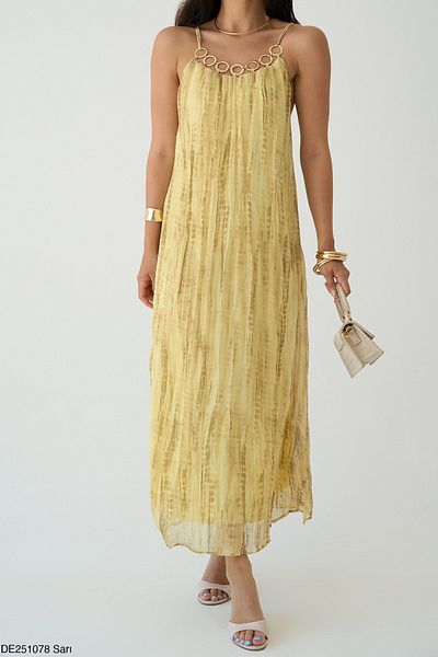 Julidress Lined Chiffon Dress with Yellow Strap and Gold Metal Ring Detail