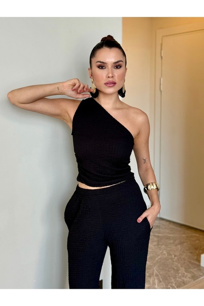 Bİ GİYİM One Shoulder Black Seersucker Fabric Suit