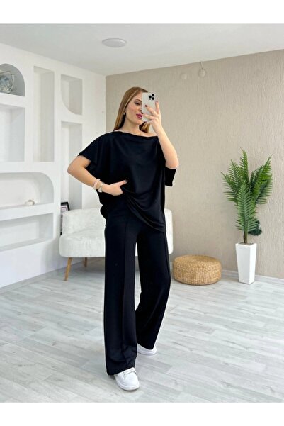 Genel Markalar eyesof Kadın Kısa Kollu Kayık Yakalı Dikiş Izi Detaylı Viskon Iki Iplik Bluz Ve Pantolon Ikili Takım